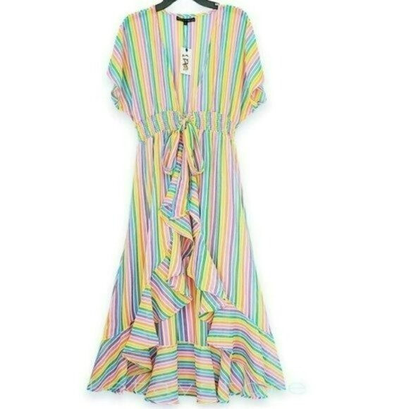 NWT America & Beyond Rainbow Hi-lo Hem Ruffle Trim Cover-up Dress - Picture 4 of 6